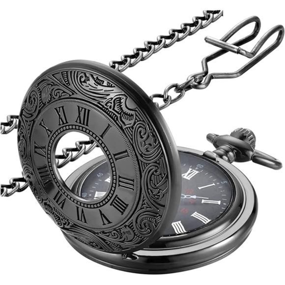 Pocket Watch Roman Numerals Scale Quartz with Chain Fathers Day Birthday Gift - Picture 1 of 6